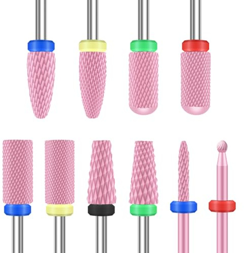 Depvko 10 punte per trapano per unghie in ceramica, 3/32'' punte fresa unghie professionali elettrico per manicure e pedicure, set per unghie in gel acrilico, punta fresa cuticole sicurezza, rosa