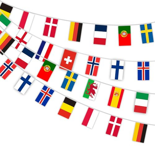 AhfuLife Europa Mujeres Banderas Decoración, 16 Países Banderas Pequeñas Países Europeos Liga de Fútbol Femenino Suiza Europa Visión Bar Jardín Decoración (21cm X 14cm 6,5m 1pcs)