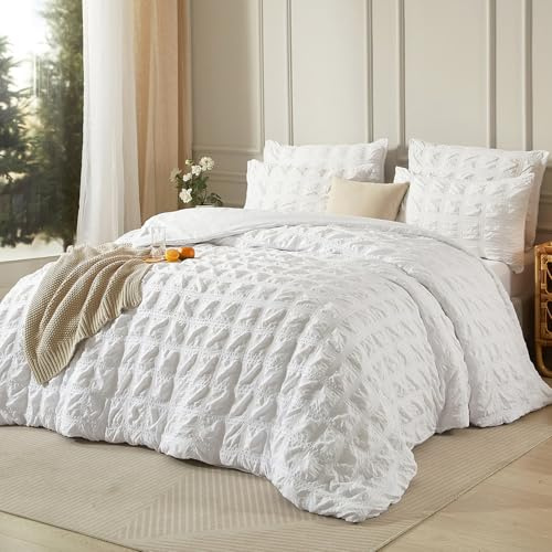 Luofanfei Seersucker Ropa de cama de verano de 200 x 200 cm, refrescante a rayas a cuadros, color blanco, ropa de cama de verano, microfibra, transpirable, ligera, funda nórdica individual y fundas de