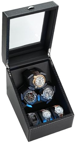 JuviPerpric Enrollador de relojes automáticos, 3 relojes automáticos y 3 almacenamientos, cargador de relojes con retroiluminación azul y almohadilla de espuma, 4 modos de rotación caja giratoria