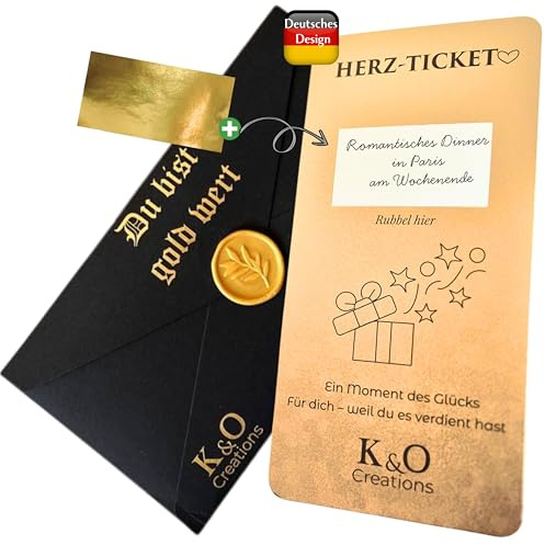 Goldenes Ticket – Rubbelkarte mit Botschaft, Rubbelaufkleber, Gutschein zum selber Ausfüllen, Valentinstag, Geschenk für Frauen & Partner, Reisegutschein, Überraschung für Geburtstag & Jahrestag