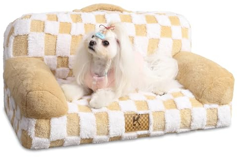 KSIIA Petit Canapé Panier Chien Dehoussable Lavable 66x37 cm, Lit pour Chien Orthopédique, Panier Chat Moelleux Confortable, Base Antidérapante, Canapé pour Chien avec Accoudoirs et Dossier, Kaki