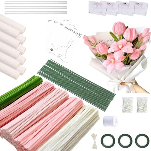 LIWAILIWAI 500 Piezas Pipe Cleaners for Flower Set（Tarjeta de Felicitación y Papeles de Regalo de Cortesía etc,Rosa 5 Colores）Flores de Limpiapipas para Manualidades y Decoración para Niños y Adultos