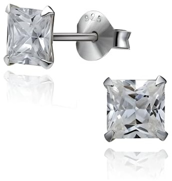 MENS Princess Cut/Square Simulated Diamond Cubic Zirconia (CZ) Sterling Silver Stud Earrings/Ear Studs - White/Clear Beckham Style - 5MM 8MM 10MM