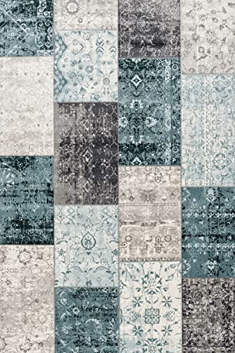 LIFA LIVING 80 x 150 cm Vintage Teppich für Wohnzimmer und Schlafzimmer, Wohnzimmerteppich mit Muster Patchwork, Blau Grau, aus weicher Wolle