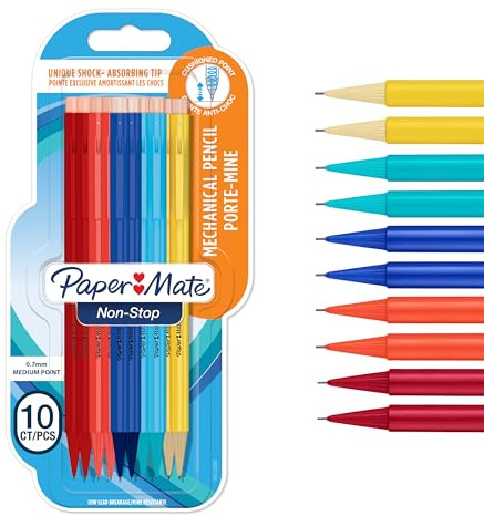 Paper Mate Non-Stop Mechanical Pencil | 0.7mm with Shock-Absorbing Tip | HB #2 | Assorted Barrel Colours | 10 Count