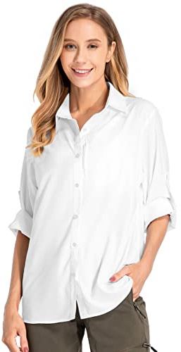 Women's UPF 50 Long Sleeve Sun Protection Shirts Quick Dry Outdoor Fishing Hiking Travel Shirt (5019 White, Large)