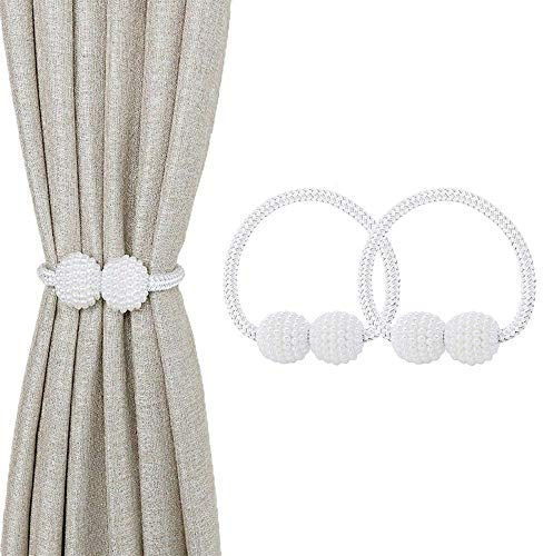 Magnetic Curtain Tie Backs, Magnetic Curtain Clips Rope Curtain Holder Buckles Small Bead Curtain Buckle Clips Rope Holders for Home Office Hotel Window Decoration (2-PACK, White)