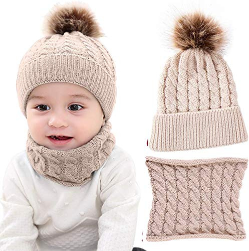 CheChury Conjunto de Bufanda y Gorro de Punto Unisex Niños Niñas Invierno cálido Punto Beanie Gorros con Pompon Bufanda de Punto Cuello Redondo Bebé,Beige,Talla única