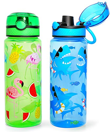 Home Tune 23oz Kids Water Drinking Bottle 2 Pack - BPA Free, Auto Push Button, Chug Lid, Carry Loop Lightweight, Leak-Proof Water Bottle with Cute Design For Girls & Boys - Shark & Fruit