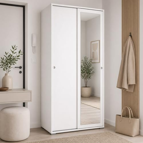 Yellowshop - Armadio 2 ante scorrevoli 2 ripiani L90xP45xH195 cm SLIDE Bianco o Bianco-Rovere texture 3d / specchio (Bianco)