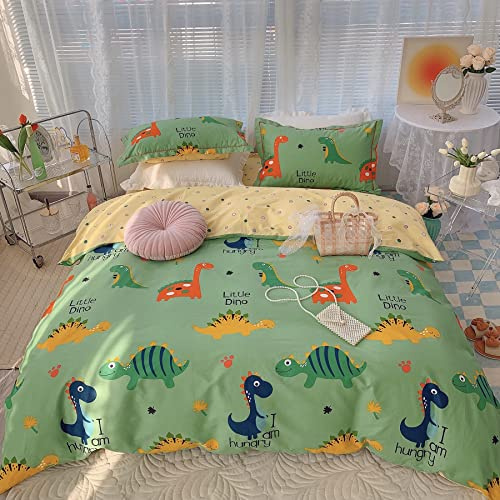 GETIYA Cute Dinosaurier Duvet Cover Single Kids Duvet Cover Dino Pattern Green Quilt Cover Single 100% Cotton Bedding Set with Zipper Green Yellow Reversible Comforter Cover with Pillowcase 50x75