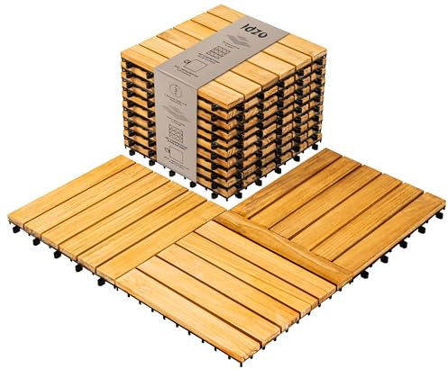 Idzo Interlocking Deck Tiles 9.6 SQFT - 10PCS Waterproof Acacia Wood Flooring Tiles for Indoor and Outdoor - Decking Stripe Pattern, 11.81 x 11.81 x 0.91 Inches, 6 Slats, Natural