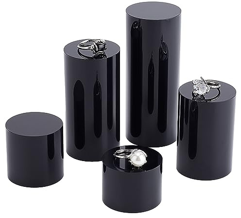 BENECREAT 5pcs Black Acrylic Display Block - 3/4/6/8/10cm Round Cylinder Solid Pedestal Stand for Jewelry, Gem, Pop Figures & Cosmetic Showing