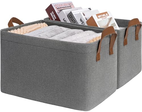 TIMEYARD Storage Boxes Large Storage Baskets, Closet Organizers and Storage, Shelf Baskets with Metal Frame, Foldable Storage Box for Shelves, Wardrobe, 43 x 28 x 25 cm, Grey, 2-Pack