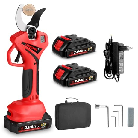 ONEVAN podadora electrica bateria, diámetro de corte de 45 mm, tijeras de podar electricas con 2 baterías de 2,0 Ah, sin escobillas, pantalla LCD, tesoura de podar para jardines