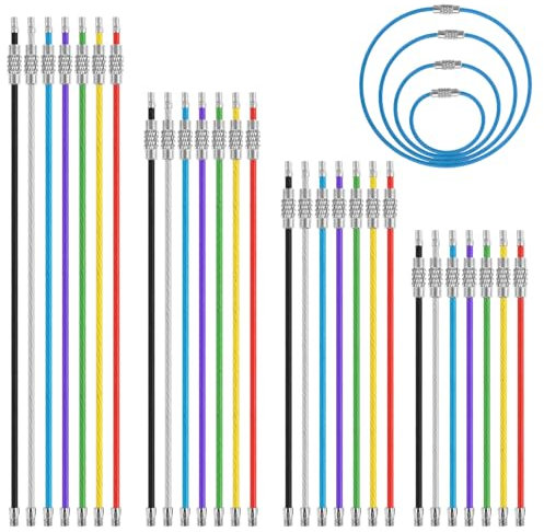 JIYIN 28 llaveros de alambre de metal, conectores de acero inoxidable de 2 mm, llaveros de cable recubierto de 4, 6, 7.8 y 10 pulgadas, para etiquetas de identificación de equipaje de senderismo