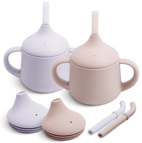Moonkie Silikon Baby Trinklernbecher ab 6 Monate | mit 2 Strohhalmen (mit & ohne Ventil) | 120 ml, 3-Stufen-Übergang | BPA-frei | Auslaufsichere Schnabeltasse(Blush/Mauve)