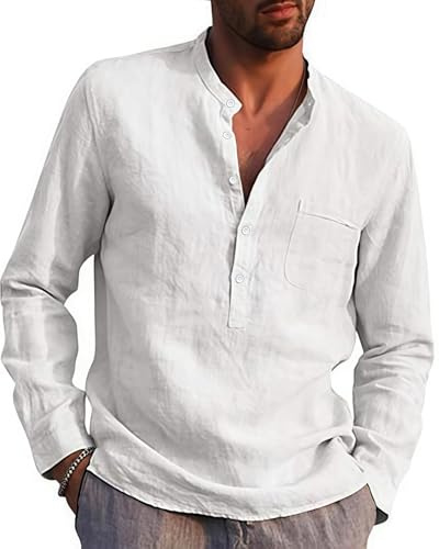 Rodawu Mens Linen Shirts Long Sleeve Casual Cotton Summer Beach Henley Shirt Tops White M