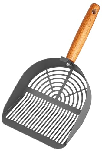Fhintory Pala Arena Gatos, Pala Arenero Gatos Metal, Dos Distancias Entre Agujeros Diferentes, Pala Arena Gatos con Mango de Madera, Recogedor Caca Limpieza de Caja de Arena(Gris)