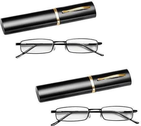 YREYBN 2 Pairs Slim Reading Glasses, Pocket Metal Frame Blue Light Blocking Glasses with Portable Pen Cases, Compact Readers with Pen Clip Case Spring Hinge Metal Frame（2.0）