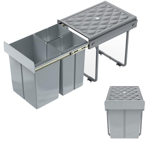 YUENFONG Poubelle intégrée 3 compartiments 2x10+20 Litres, Collecteur de déchets avec glissières télescopiques Système de tri des déchets extensible, 48 x 34,2 x 41,8cm