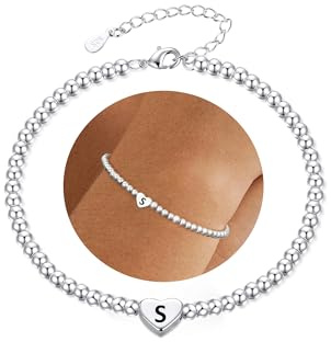 DORANA Sterling Silver Bracelet For Women Silver Initial Heart Bracelet Non Tarnish 925 Beaded Bracelets For Women Girls Hypoallergenic Friendship Daughter Bracelets,S