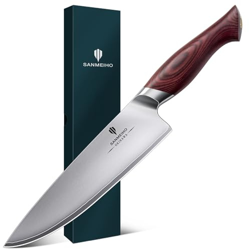 SANMEIHO Cuchillo de Chef Profesional 20cm - Cuchillo de Cocina Japonés con Hoja Afilada de Acero Inoxidable 10Cr15MoV (62 HRC) - Mango de Madera Pakka Ergonomico - OKINAWA Series