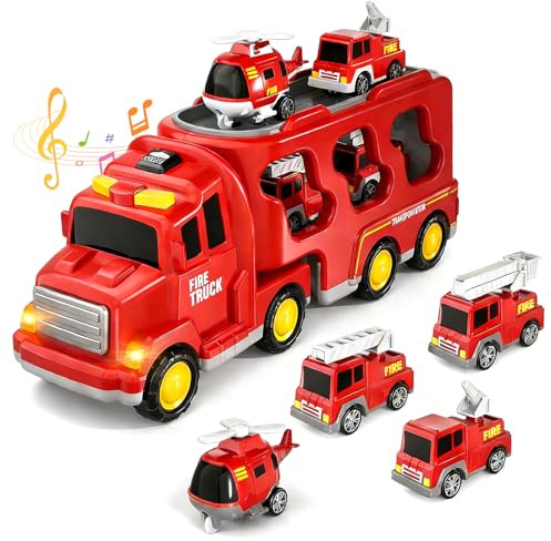 Dcceeo 5 en 1 Camion Pompieri Giocattolo, Camion Trasportatore Macchinine con 4 Mini Camions dei Pompieri Camion dei Pompieri ad Inerzia avec Luci e Suoni Regalo per Ragazzi Ragazze di 3 4 5 6 anni