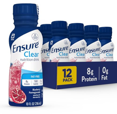Ensure Liquid Clear Nutrition Drink, 0g fat, 8g of protein, Blueberry Pomegranate, 10 Fl Oz (Pack of 12), Bottle, gluten free