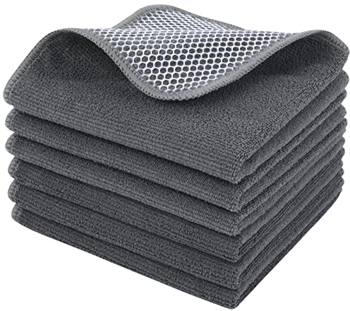 KinHwa 6 Pack Microfibre Dish Cloths Absorbent and Fast Dry Reusable Cleaning Cloth with Scrub Side for Kitchen Cleaning and Washing up 30x30 cm Grey