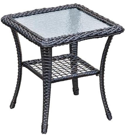 ATR ART TO REAL Outdoor Side Table, Indoor Outdoor Tempered Glass Top Wicker Coffee Bistro Table, All-Weather Patio Square Storage End Table, Steel Frame, 20''x 20''x20''