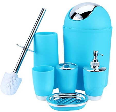 Wakects Juego de 6 Accesorios de Baño, Dispensador de Jabón, Jabonera, Soporte para Cepillo de Dientes, Taza de Enjuague, Soporte para Escobilla de Inodoro, Cubo de Basura