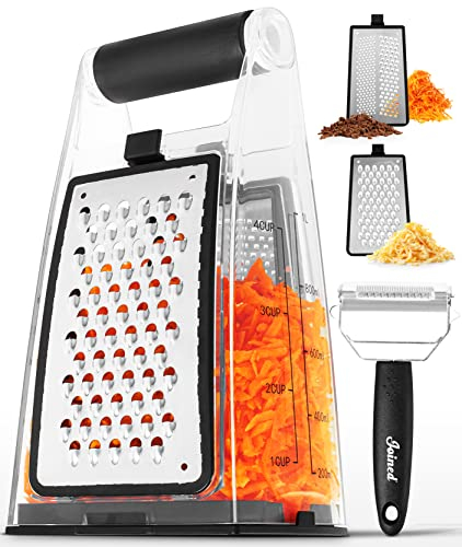 Joined Cheese Grater With Container - Box Grater Shredder Lemon Zester With Handle - Stainless Steel Kitchen Food Grater and Vegetable Peeler