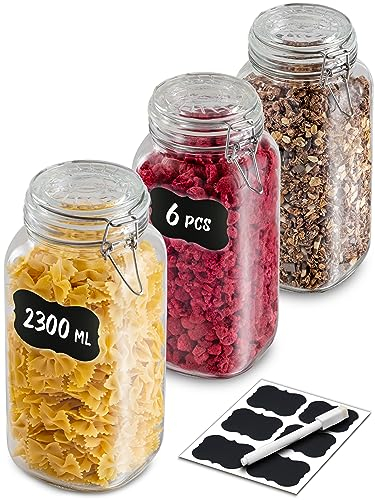 Praknu 3 Bocaux en Verre Hermétiques Grands de 2l - Avec Étiquettes, Marqueur et Joints de Rechange - Gain de Place grâce à leur Forme Angulaire