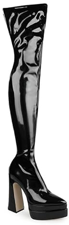 Patent Leather Fashion Overknee Boots Lace Zip Block Heel with Super High Heel Handmade Over-Knee Boots for Women Large Size z2040s, black, 5 US