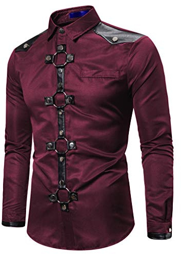 Chemise Steampunk Homme à Revers, T-Shirts Medievale Manche Longue,Top Gothique Homme Couleur Unie Haut Cuir Patchwork Rétro Blouse Boutons pour Renaissance Cosplay Cour Halloween Victorienne Tunique