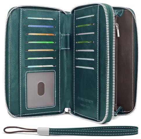 HNOOM Geldbörse Damen Groß – Portemonnaie Damen aus PU Leder mit 14 Kartenfächern, Münzfach & RFID-Schutz – Stylische Frauen Geldbeutel Groß mit Doppeltem Reißverschluss – Viel Platz (Dunkelblau)