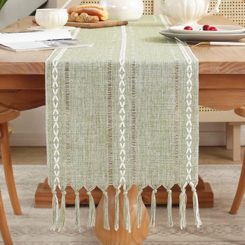 meioro Runner da Tavola Moderno, Tovaglia Runner 33x200cm con Nappe Fatto a Mano, Runner da Tavolo a Righe Vintage, Decorazione da Tavolo per Interni ed Esterni Cucina Pranzo casa Festa (Verde Salvia)