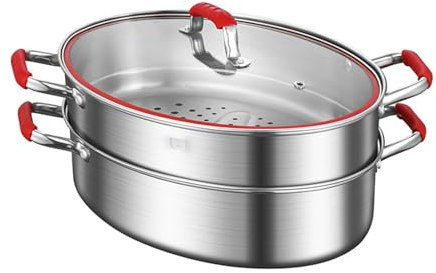 UNbit Der elliptische gedämpfte Fischtopf. Edelstahl-Fischdämpfer, vielseitig einsetzbarer elliptischer Suppentopf mit Gestell, Keramikpfanne, Spannfutter for Dämpfen von Fisch, kochender Suppe, doppe