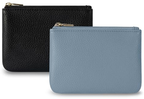 Chelmon PU Leather Coin Purse Pouch Change Holder Small With Zipper for Men Women 2 PCS Set (Black&Blue)