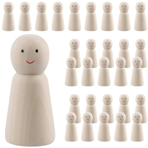 MUKLEI Confezione da 30 mollette in legno da 60 mm, piccole persone con espressione, figure in legno vuote, piccole figure in legno per progetti artistici e decorazioni artigianali