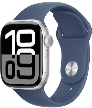 Apple Watch Series 10 GPS + Cellular Smartwatch con Caja de Aluminio Plata de 42 mm y Correa Deportiva Azul Denim - Talla M/L. Monitor de entreno, App ECG, Pantalla Retina Siempre Activa