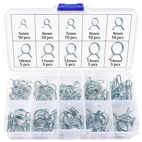 Lyeteung 75 Pezzi 10 Dimensioni 5-14mm Fascette Stringitubo a Molla a Doppio Filo Kit, Fascette Stringitubo a Molla per Tubo del Carburante, Morsetti a Molla per Tubo dell'acqua, Argento