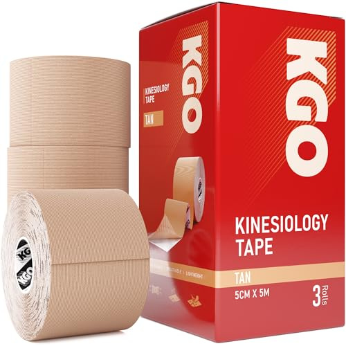 KGO Kinesiology Tape, Sports Elastic Tape for Muscle and Joint Support, Kinesio Tape, K Tape, Physio Tape, 5cm x 5m (Tan, 5cm x 5m (Box of 3))