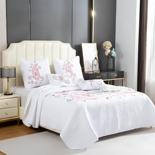 Colcha Boutí Bordada Cama 150 (250x260) para Verano y Entretiempo - 100% Microfibra Suave – Cubrecama Moderno Multiusos Ligero y Transpirable - Incluye 4 Fundas Cojín (2*60x60 + 2*30x50) (Hanoi)