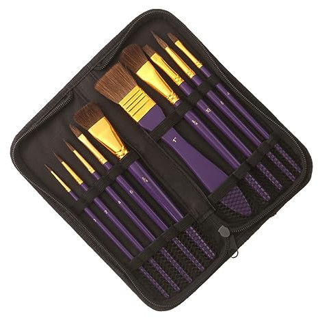 Veemoon Ensemble de Pinceaux Peinture à l'huile et Pochoir 10 Pièces Manche Bois Violet, Poils Naturels Résistants pour Artistes Amateurs et Professionnels, Matériel de Peinture Artistique Créative