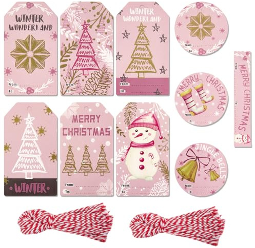 Xmas Gift Tags, 100pcs Christmas Labels 10 Festive Pattern Gift Tags for Christmas Box Decoration