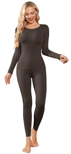 Ekouaer Intimo Termico Donna Invernale, Manica Lunga Maglia Termica e Pantaloni Funzionale Set Termico Donna per Sci Ciclismo Corsa Allenamento, Marronecastagna, XL