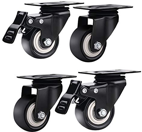 4 Ruedas giratorias para Muebles, Ruedas industriales con Doble cojinete, Resistentes, 140 kg, para Mesa de Centro, Armario, Banco de Trabajo (2 x Freno), Color Negro